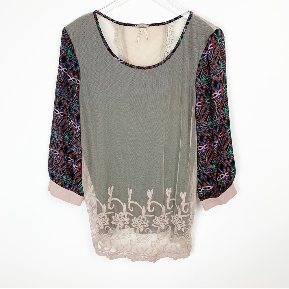 Gimmicks by BKE | Embroidered Mesh Split Back Blouse